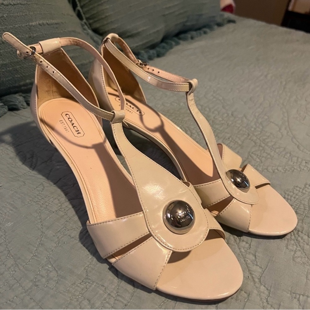 Coach Women's Cream T-Strap Dress Heels with Silver Accent